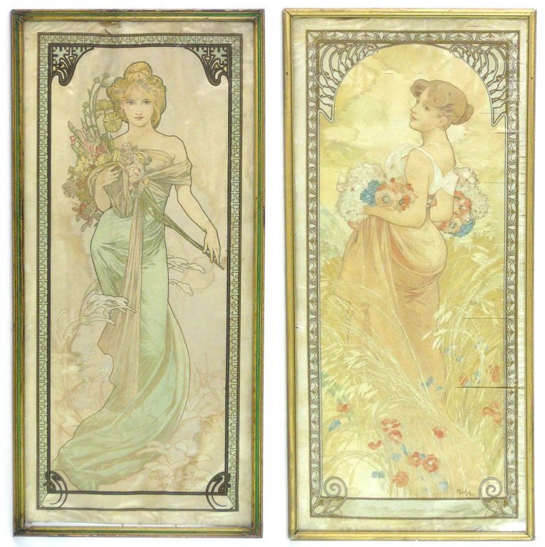 ALPHONSE MUCHA (CZECH 1860-1939): ALPHONSE MUCHA (CZECH 1860-1939) Art Nouveau ladies pair of lithographs on silk, framed 73 x 32.5cm one dated 1900