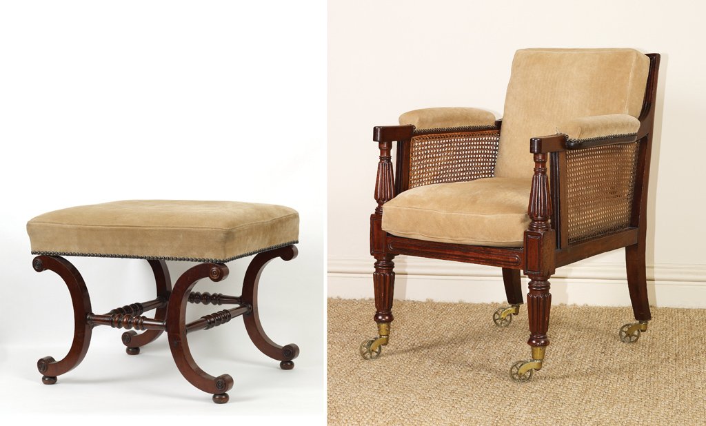 A fine George IV period mahogany Bergere chair and : A fine George IV period mahogany Bergere chair and associated ‘c’ scroll Stool, circa 1825 90cm high, 66cm wide, 76cm deep