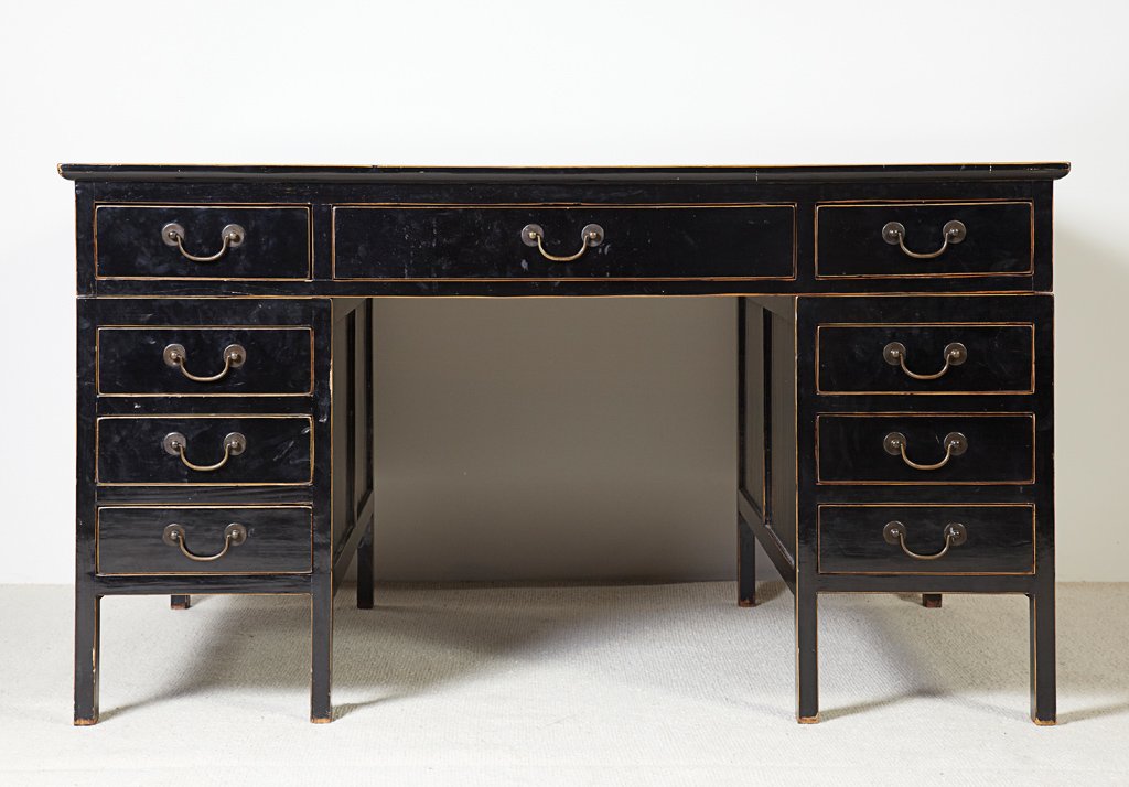 A black lacquered partner’s desk, Chinese, modern : A black lacquered partner’s desk, Chinese, modern 80cm high, 142cm wide, 106cm deep