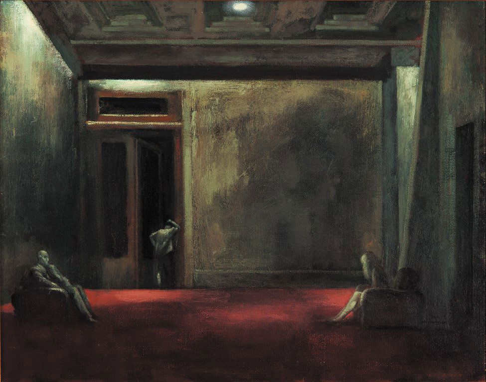 RICK AMOR (BORN 1948) Study for the Ante-room The h: RICK AMOR (BORN 1948) Study for the Ante-room The host with someone indistinct converges at the door apart. The night are mealls singing near the convent of the Sacred Heart oil on canvas signed, insc