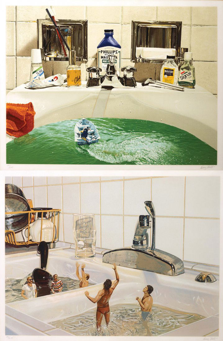 DOUG WEBB A pair of lithographs Untitled – Men in a: DOUG WEBB A pair of lithographs Untitled – Men in a sink Untitled – Fishing in a sink signed and numbered 139/275 and 129/275 image size 56 x 74cm