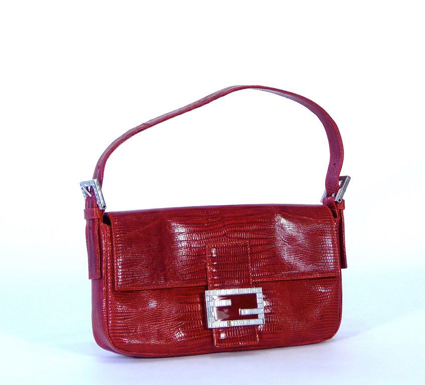A Fendi red snakeskin handbag with jeweled clasp: A Fendi red snakeskin handbag with jeweled clasp