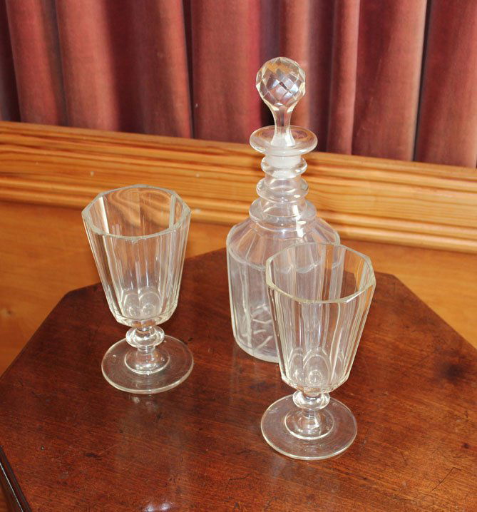 Two Italian antique crystal faceted goblets with a: Two Italian antique crystal faceted goblets with an early Victorian cut glass decanter and stopper decanter 30cm high goblet 17cm high