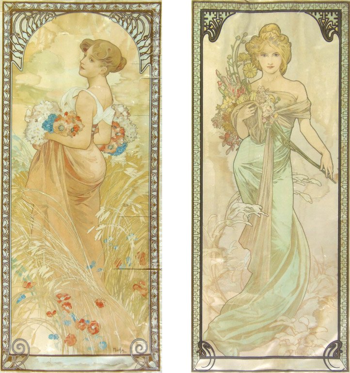 ALPHONSE MUCHA (CZECH 1860–1939) Art Nouveau ladi: ALPHONSE MUCHA (CZECH 1860–1939) Art Nouveau ladies, one dated 1900 Pair of lithographs on silk, framed 73 x 32.5cm
