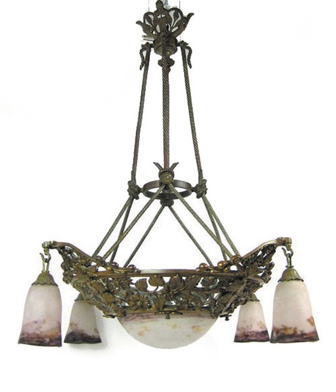A Degue glass and bronze ceiling light, French, circa 1: A Degue glass and bronze ceiling light, French, circa 1925 the glass shades with etched mark approximately 100cm high, approximately 58cm wide (only 3 shades)