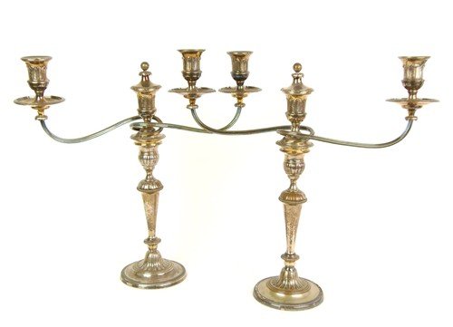 A pair of Georgian silver-plated twin branch candelabra: A pair of Georgian silver-plated twin branch candelabra, circa 1820 44cm high