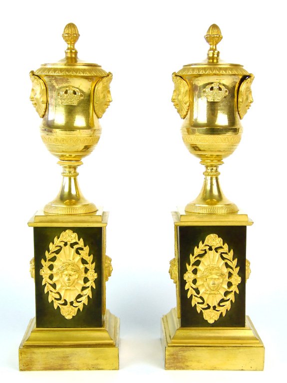 A pair of Louis XVI ormolu and bronze cassolettes, Fren: A pair of Louis XVI ormolu and bronze cassolettes, French, 18th century 26cm high