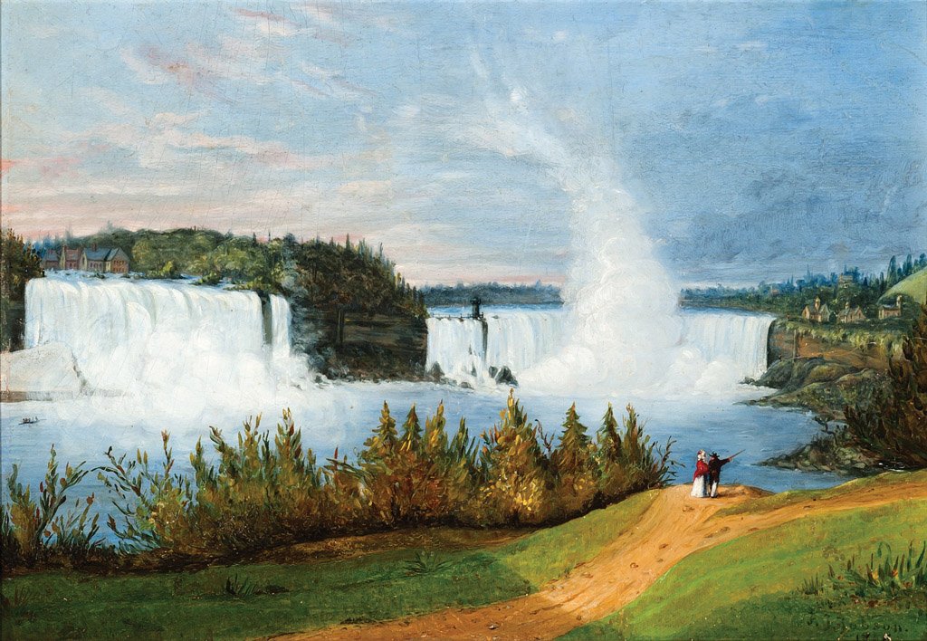 H.J JOBSON, CANADIAN SCHOOL, 19TH CENTURY The Falls of : H.J JOBSON, CANADIAN SCHOOL, 19TH CENTURY The Falls of Niagara, circa 1859 oil on board signed and dated lower right old paper presentation label to verso 22 x 32cm