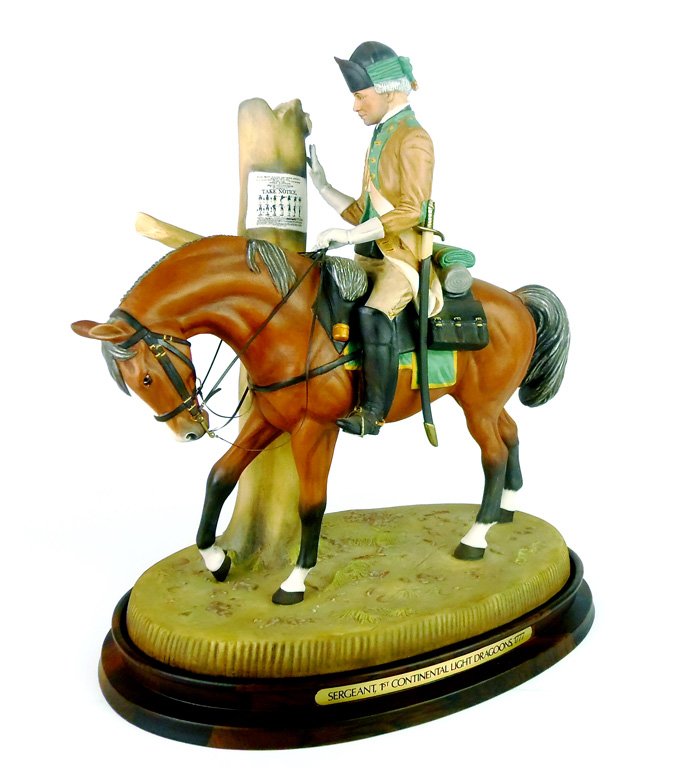 A Royal Doulton figure, Williamsburg, Soldiers of the R: A Royal Doulton figure, Williamsburg, Soldiers of the Revolution, Sergeant, Virginia 1st Regiment, Continental, Light Dragoons, 1777 by Eric J Griffiths HN2844, edition no. 342 37cm high, 33cm wide wi