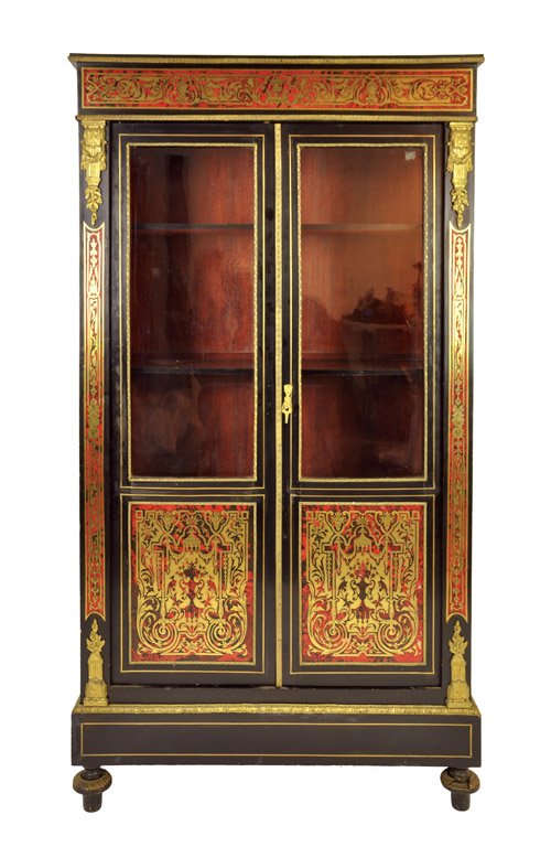 A scarlet boulle and ebony veneered display cabinet, Fr: A scarlet boulle and ebony veneered display cabinet, French, 19th century 156cm high, 89cm wide, 35cm deep