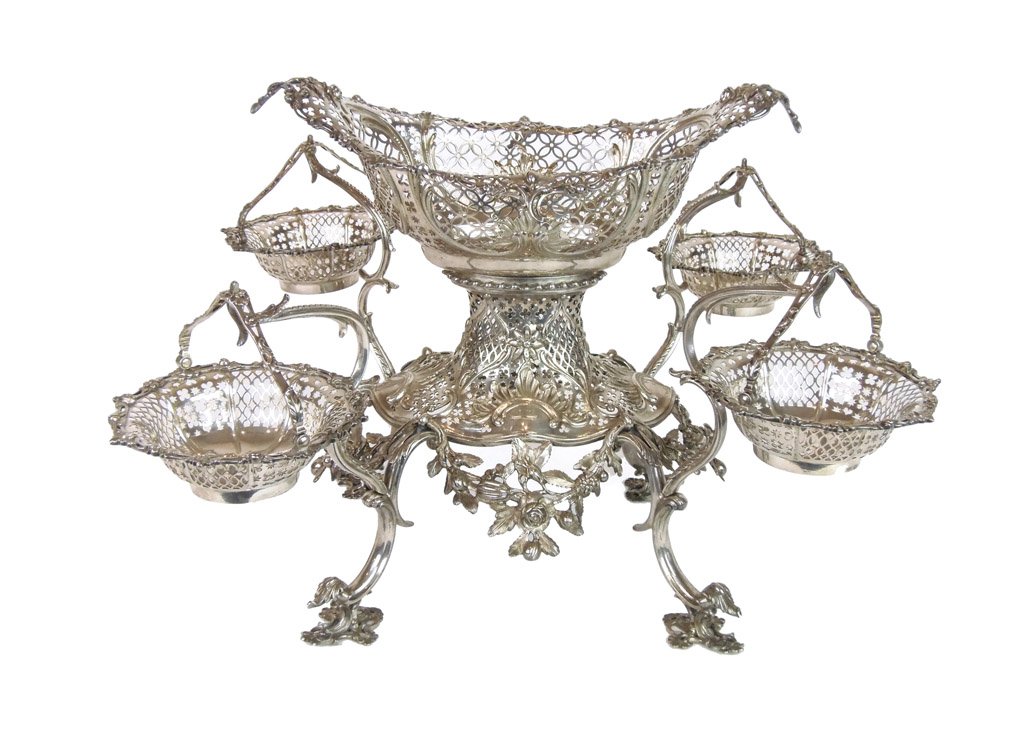A fine quality George III sterling silver epergne by Th: A fine quality George III sterling silver epergne by Thomas Powell, London 1764 35cm high, approximately 46cm wide weight 3.86kg