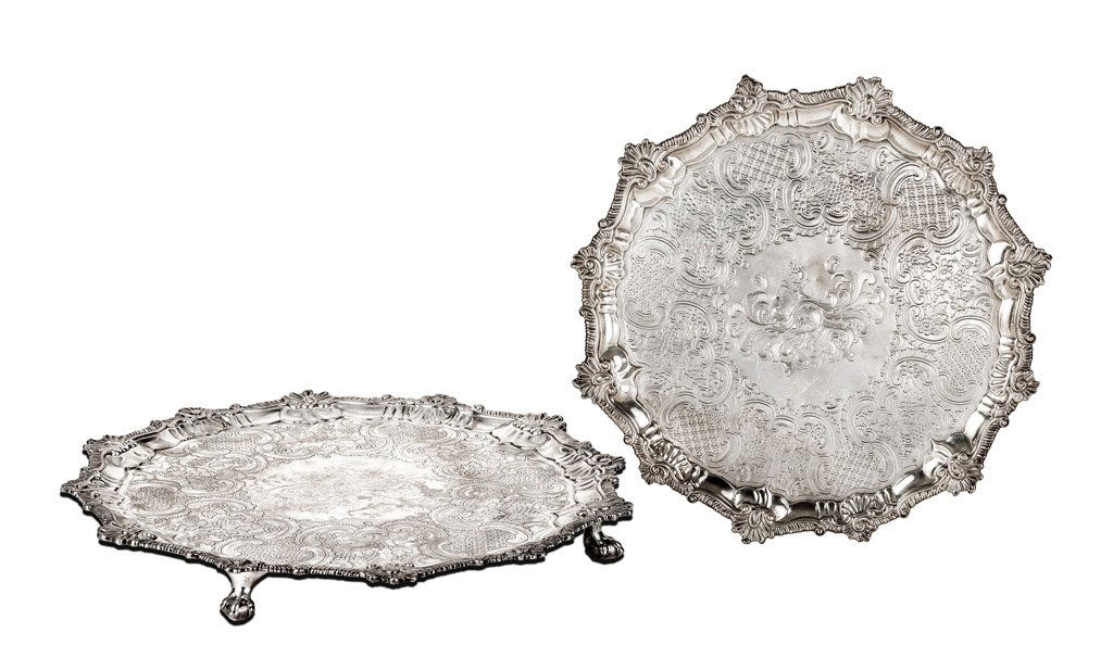 A pair of George III sterling silver salvers, London, 1: A pair of George III sterling silver salvers, London, 1822 by John Moore 37cm diameter weight 1.42kg