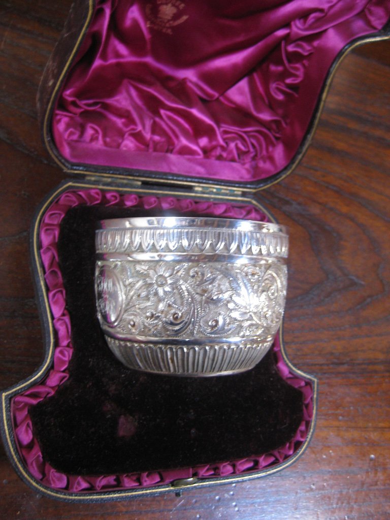 A Victorian embossed Indian revival sugar bowl, London : A Victorian embossed Indian revival sugar bowl, London 1887 maker Charles Stuart Harris 9.5cm diameter, approximately 4.5ozs, cased