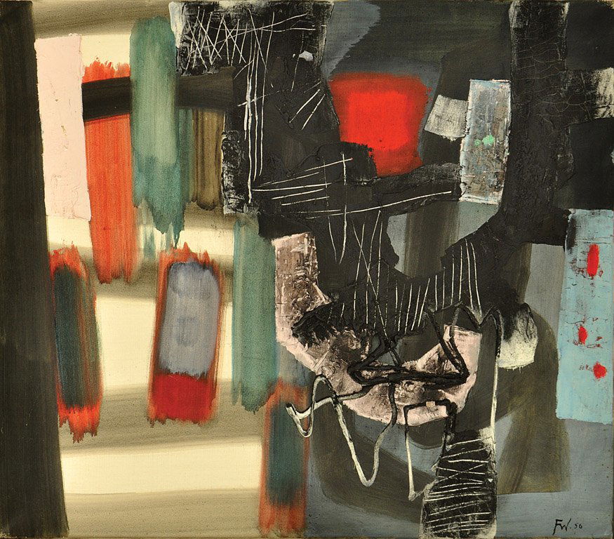 FRITZ WINTER (1905–1976) Behind Black oil on canvas ini: FRITZ WINTER (1905–1976) Behind Black oil on canvas initialled and dated 56 lower right signed and inscribed with date to verso 70 x 80cm Provenance Kleemann Galleries, 11 East 68th St, New York Col