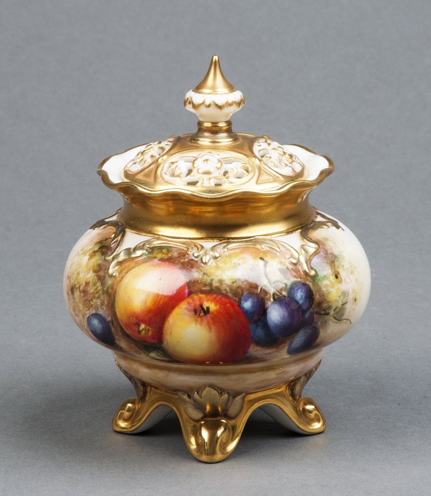 ROYAL WORCESTER: Porcelain potpourri with fruit: ROYAL WORCESTER: Porcelain potpourri with fruit painting by Freeman. 11cm