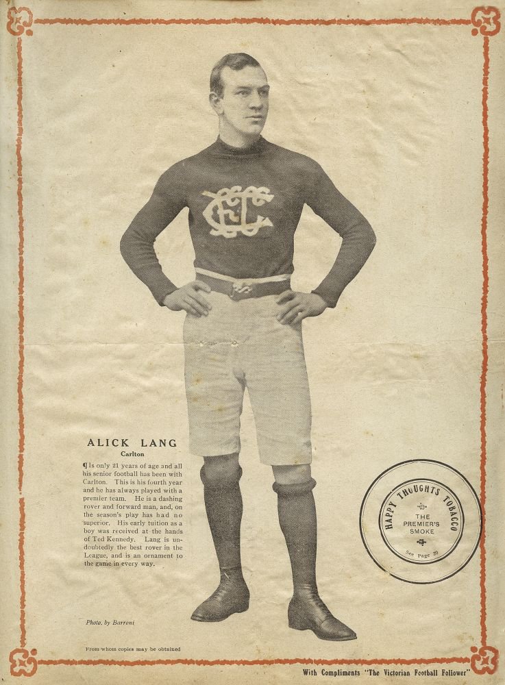1909 Victorian Football Follower “Footballers posters”: 1909 Victorian Football Follower “Footballers posters” (3) for Alick Lang (Carlton), Charles Hammond (Carlton) & William Payne (Carlton), stuck into a c1908-20 Carlton scrapbook, including press c