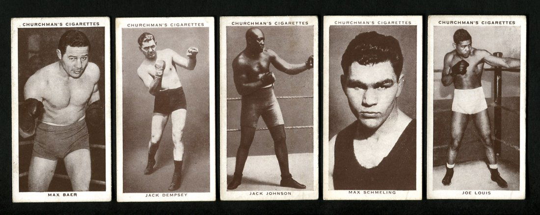 BOXING CIGARETTE CARDS: 1938 Churchman “Boxing: BOXING CIGARETTE CARDS: 1938 Churchman “Boxing Personalities” complete set (50) VF; incl. Max Baer, Jack Dempsey, Jack Johnson, Joe Louis & Max Schmeling.