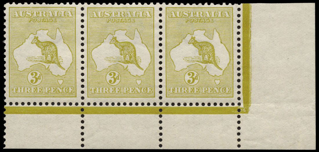 3d Olive (Plate 1) No Monogram, corner strip of 3 from: 3d Olive (Plate 1) No Monogram, corner strip of 3 from the right pane, with varieties at R58 “Break in top frame over ST” and R60 “White flaws under CE of PENCE”. Extremely scarce. MLH. BW:12(