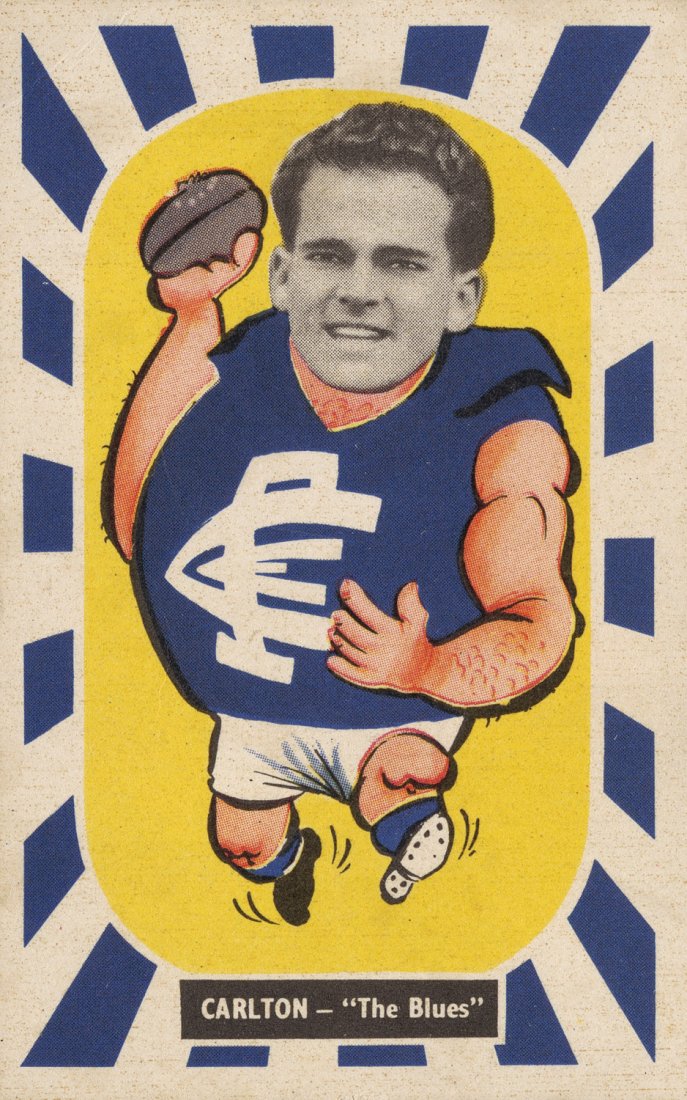 1957 Kornies “Footballer - Mascot Swap Cards”, [8/36] -: 1957 Kornies “Footballer - Mascot Swap Cards”, [8/36] - No.2 John Beckwith, No.4 Jock Spencer, No.7 Roy Simmonds, No.18 Bill Stephen, No.26 Doug Beasy, No.27 John James, No.29 Fred Goldsmith & No.