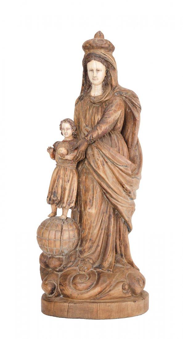 A carved lime wood and ivory figure of the Madonna and: A carved lime wood and ivory figure of the Madonna and child, Spanish Colonial 17/18th century 60cm high $2,000–3,000