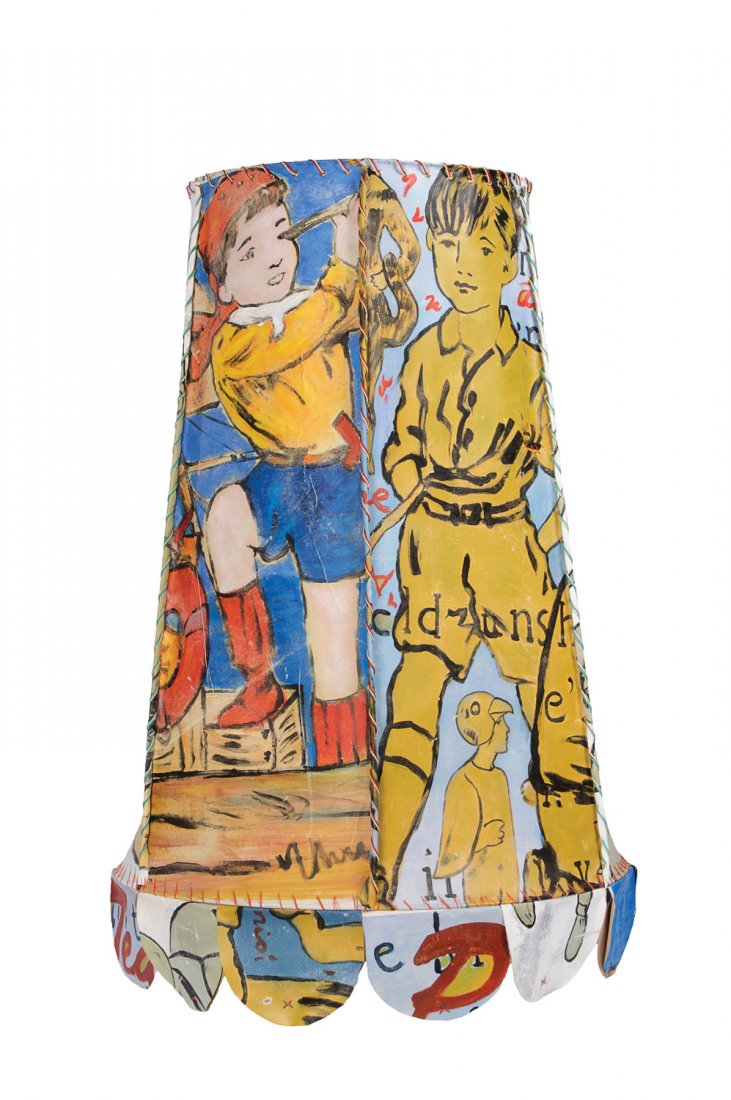 Two large and impressive hexagonal lamp shades by David: Two large and impressive hexagonal lamp shades by David Bromley six panels decorated on canvas 122cm high, 60cm wide at the top $1,500–2,500