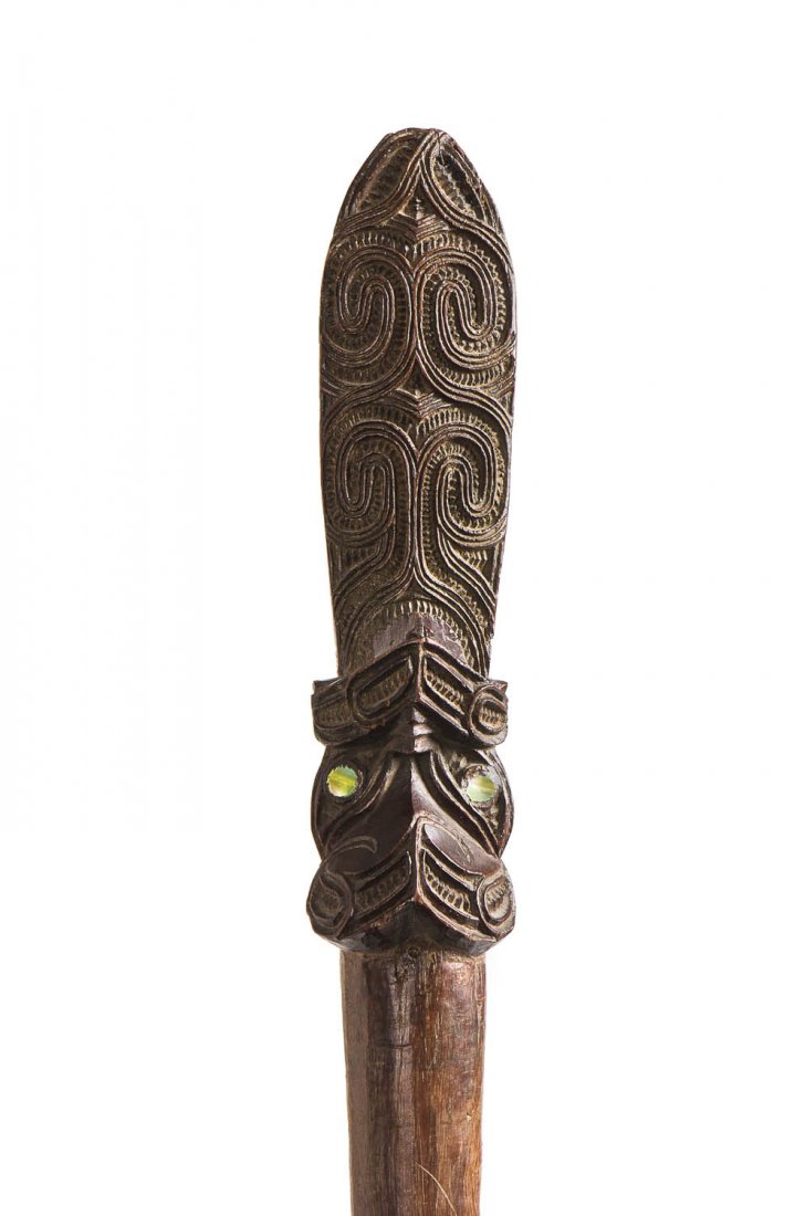 A Maori Club (taiaha): A Maori Club (taiaha) New Zealand (nineteenth century) carved hardwood and paua shell 147.2 cm long PROVENANCE Private Collection, United Kingdom Private Collection, Melbourne $2,500–3,500