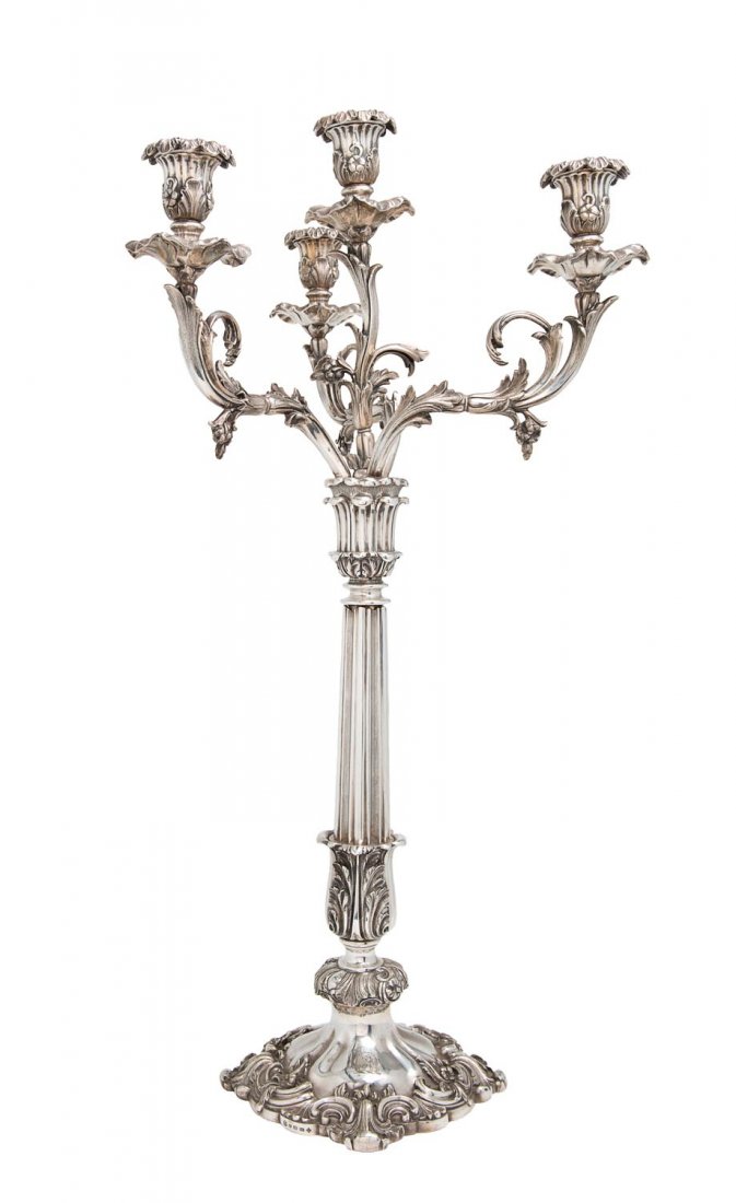 Elkington silver plated candelabra c1850 with four: Elkington silver plated candelabra c1850 with four branches. Engraved with the Wyndham family crest of Wyndham Wines fame. 71cm.