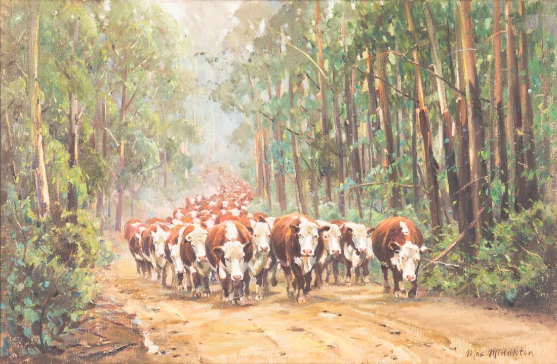 MAX MIDDLETON (1922-2013)"Bringing The Cattle From The: MAX MIDDLETON (1922-2013) "Bringing The Cattle From The High Country (East Gippsland) Oil on canvas signed lower right 75 x 50cm