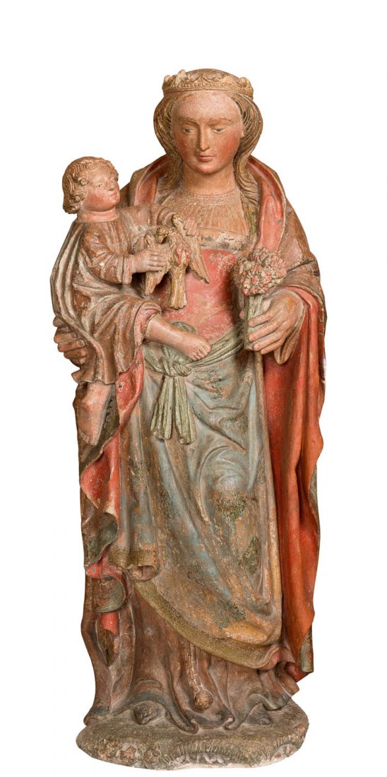 A rare polychromed limestone figure of the virgin and: A rare polychromed limestone figure of the virgin and child, French, 16th century 110cm high, 43cm high, 26cm deep Provenance: Graham Cornall Antiques, Melbourne Note: