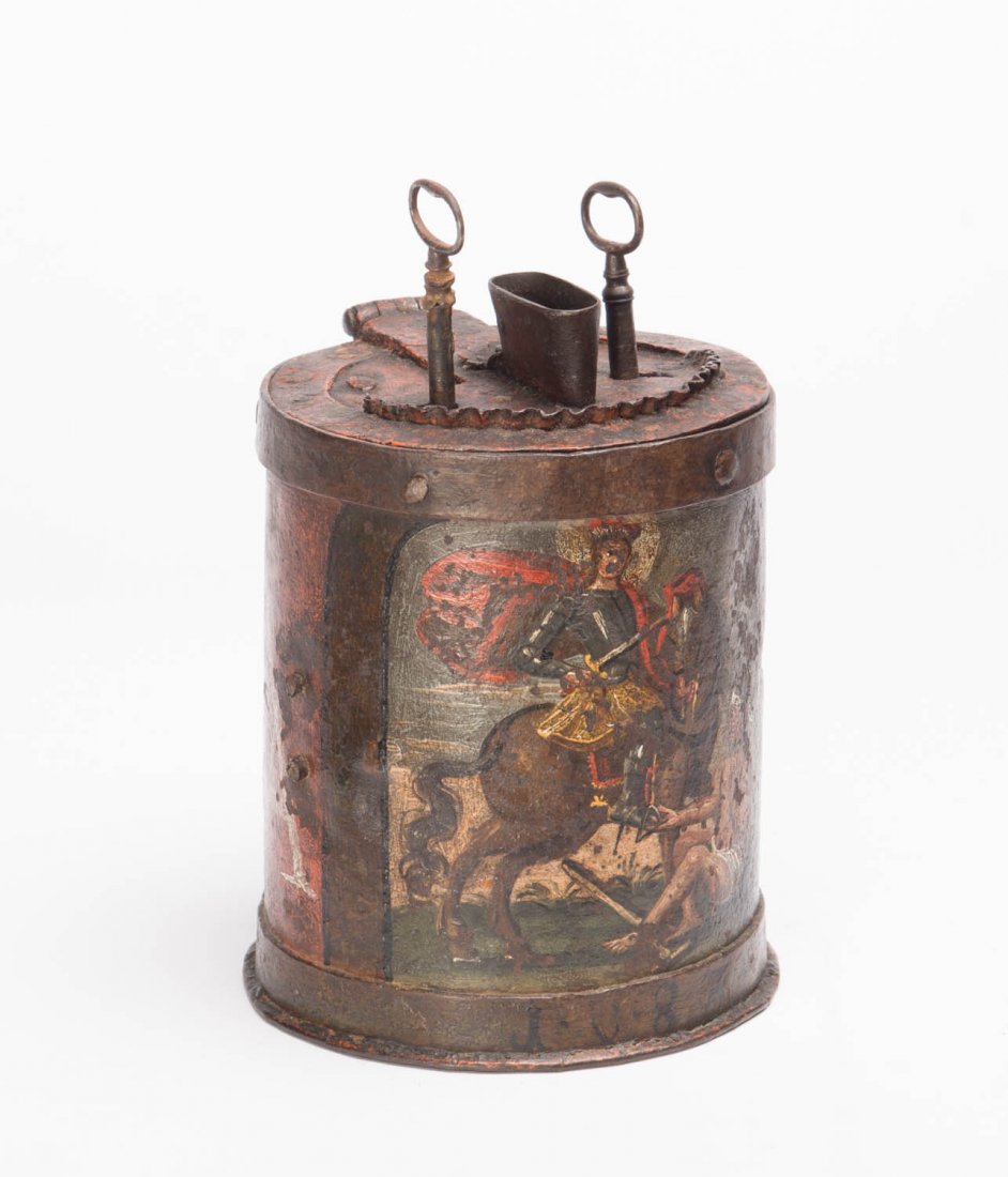 A rare and unusual medieval painted iron money and: A rare and unusual medieval painted iron money and messenger casket, possibly Italian, 17th century 20cm high