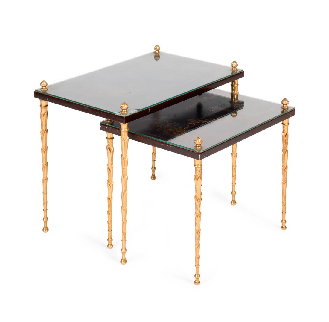 A fine pair of Chinoiserie and gilt bronze occasional: A fine pair of Chinoiserie and gilt bronze occasional tables by Maison Bagues, French circa 1950 tallest table 47cm high, 55cm wide, 35cm deep