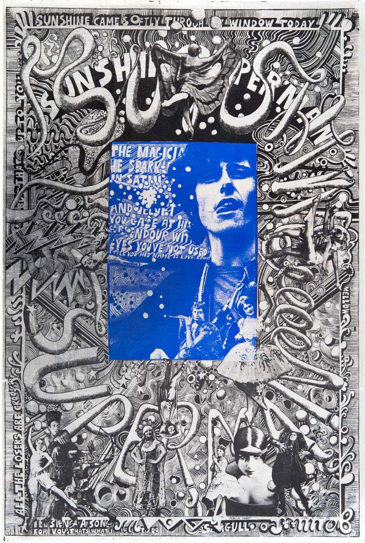 MARTIN SHARP (Australian, 1942-2013): 1968 poster: MARTIN SHARP (Australian, 1942-2013): 1968 poster "Sunshine Superman" [Donovan], colour process lithograph on silver foil paper, signed in image lower right, size 76x51cm. Rare poster from the psyched