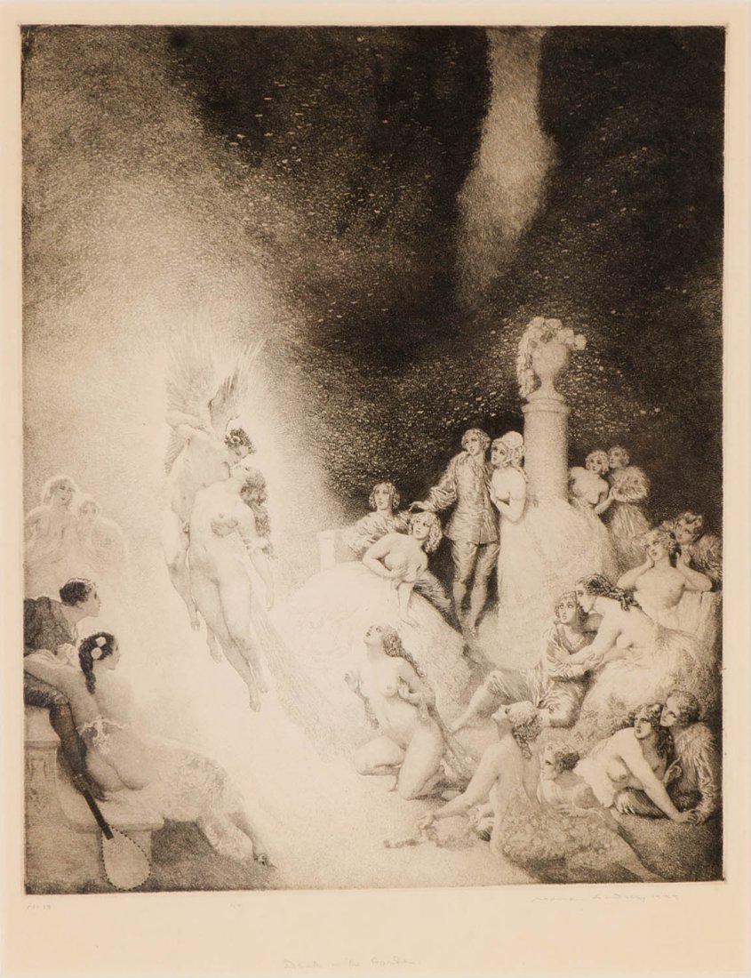 NORMAN ALFRED WILLIAMS LINDSAY (1879-1969) Death in: NORMAN ALFRED WILLIAMS LINDSAY (1879-1969), Death in the Garden, etching, engraving and stipple edition 18/55, signed and dated 1923, 33 x 26.5cm - LITERATURE: