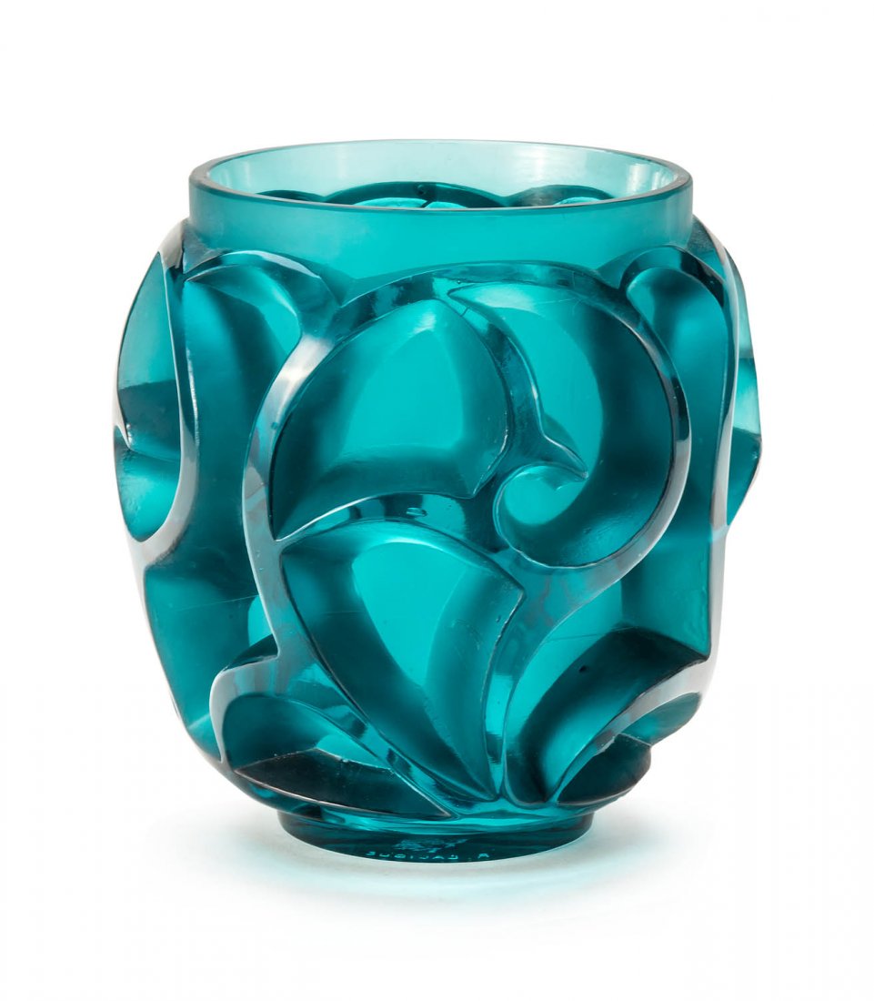 A Rene Lalique blue 'Tourbillons' vase, French, design: A Rene Lalique blue 'Tourbillons' vase, French, design first introduced 1926 etched signature R.Lalique, France 20.3cm high