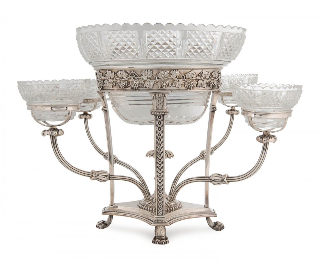 A Victorian sterling silver and cut glass epergne,: A Victorian Sterling Silver and cut glass epergne, Mathew Boulton, Birmingham, date marks rubbed 255gms 36cm high