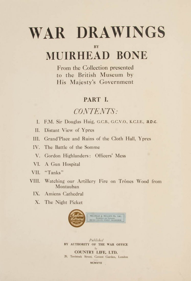 "War Drawings by Muirhead Bone. From the Collection: "War Drawings by Muirhead Bone. From the Collection Presented to the British Museum by His Majesty's Government" [London, 1917], two grey folders with Parts I-V, with 50 plates. Fair/Good conditio