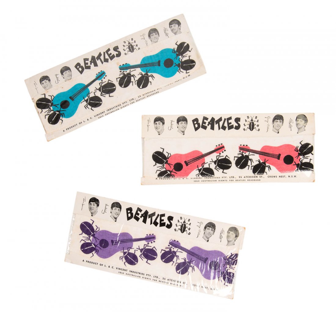 THE BEATLES: circa 1964 "Beatles Head Band" in purple,: THE BEATLES: circa 1964 "Beatles Head Band" in purple, pink and blue produced by L. & C. Vincent Industries, Crows Nest, N.S.W. the sole Australian agents. All on original backing cards and with origi