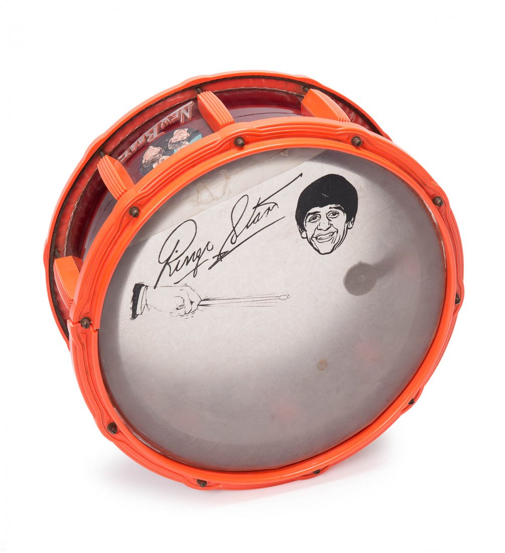 THE BEATLES: 1964 "New Beat" Ringo Starr drum: THE BEATLES: 1964 "New Beat" Ringo Starr drum manufactured by Selcol with original stand and drumstick.
