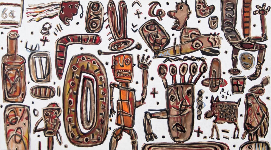 DAVID SCOTT LARWILL (1956-2011) All the Factors 2001: DAVID SCOTT LARWILL (1956-2011) All the Factors 2001 oil on canvas initialled and dated lower right: D.L 01 signed, titled and dated verso 110 x 192 cm <p