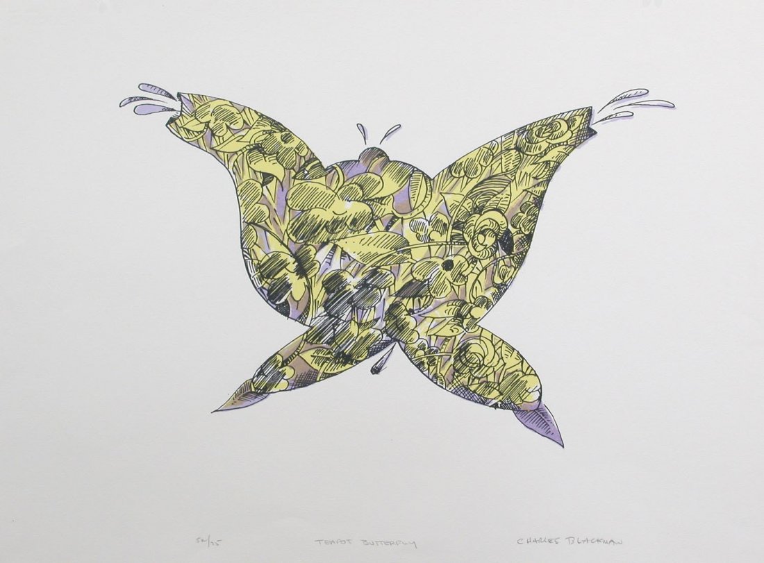 CHARLES BLACKMAN (BORN 1928) Teapot Butterfly: CHARLES BLACKMAN (BORN 1928) Teapot Butterfly screenprint A/P VIII/XX signed, titled and editioned to margin 35 x 52 cm