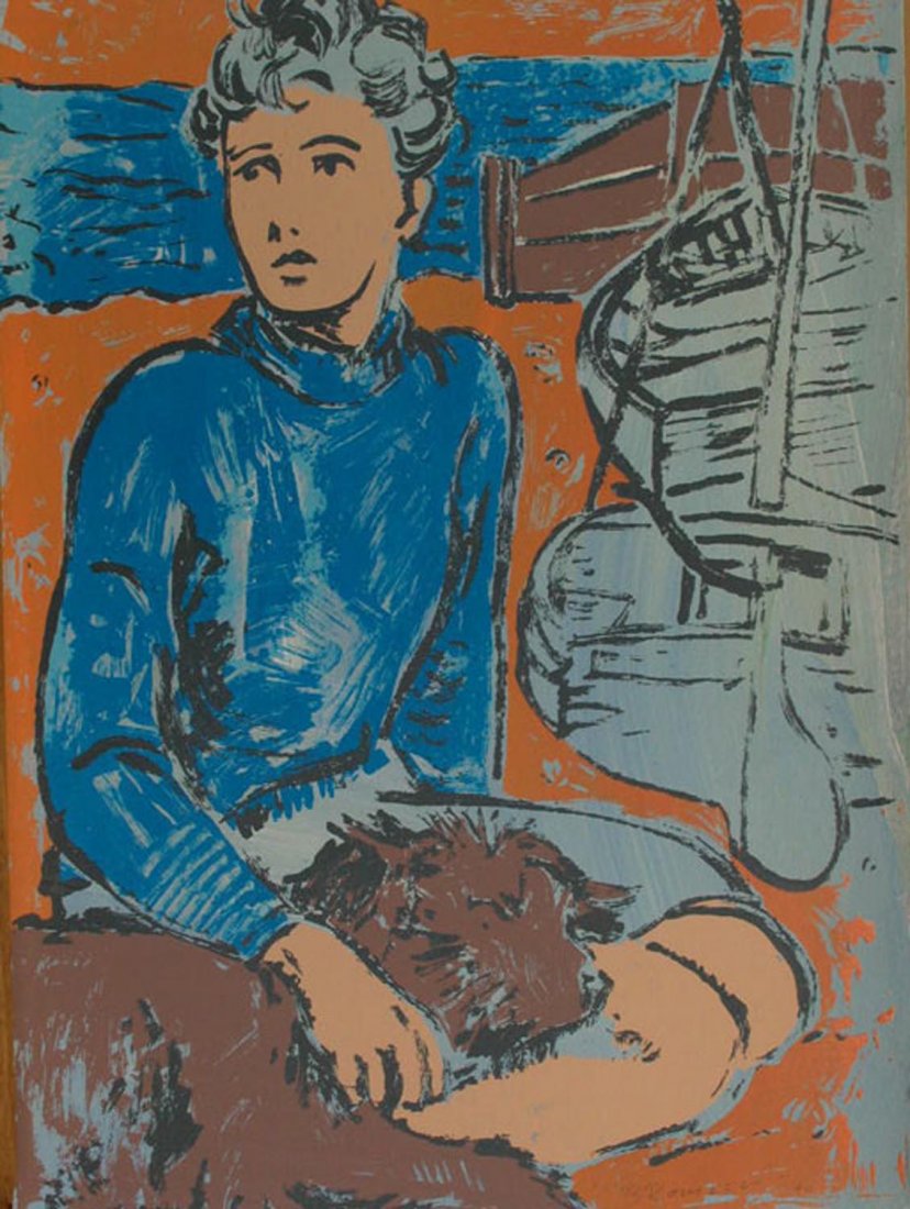 DAVID BROMLEY (BORN 1960) Boy with Dogs by Boat: DAVID BROMLEY (BORN 1960) Boy with Dogs by Boat screenprint 11/40 signed and editioned lower right: BROMLEY 11/40 76 x 56 cm