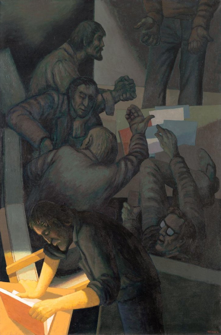 RICK AMOR (BORN 1948) The Meeting 1976: RICK AMOR (BORN 1948) The Meeting 1976 oil on canvas signed and dated lower right: RICK AMOR '76 signed, titled and dated verso 136 x 90.5 cm