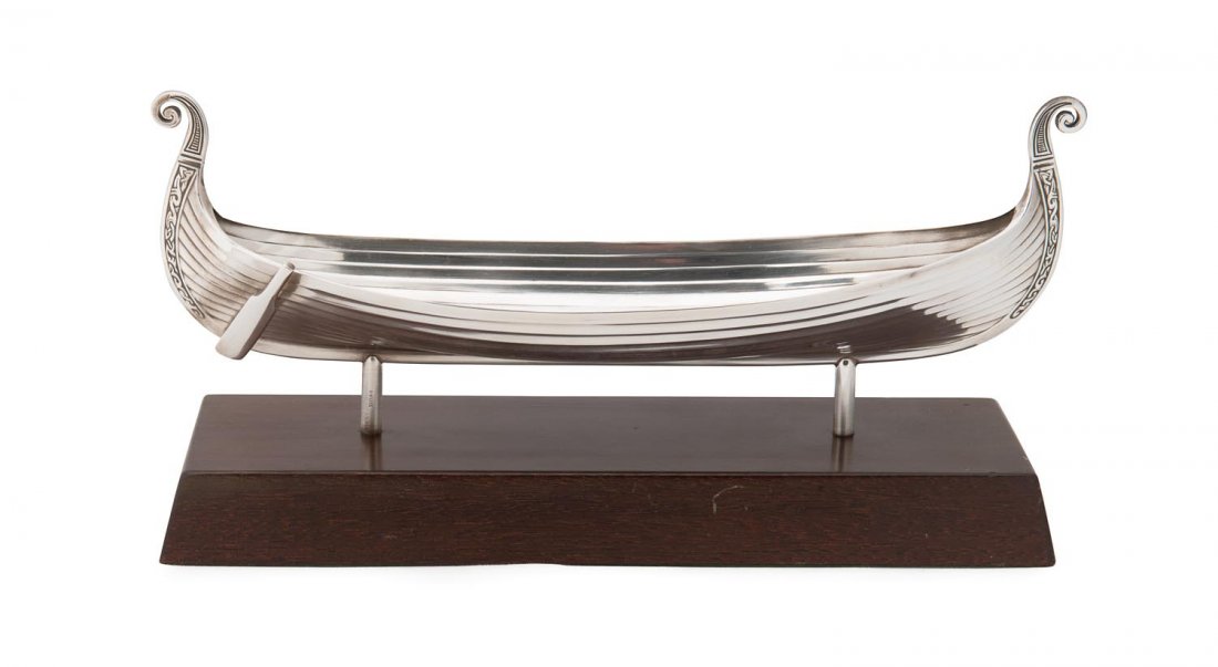Norwegian silver Viking longboat on stand by David: Norwegian silver Viking longboat on stand by David Andersen, 20th century. Length 26cm