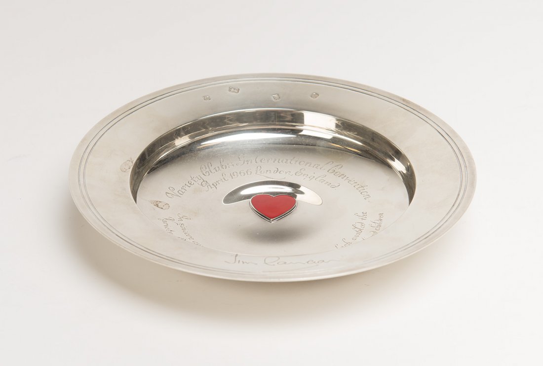 A presentation sterling silver and enamel circular: A presentation sterling silver and enamel circular bowl, by Richard Comyns, London 1965 with red enamel heart and engraved inscrption from the Variety Clubs International 1966 Conventin to (Sir) James