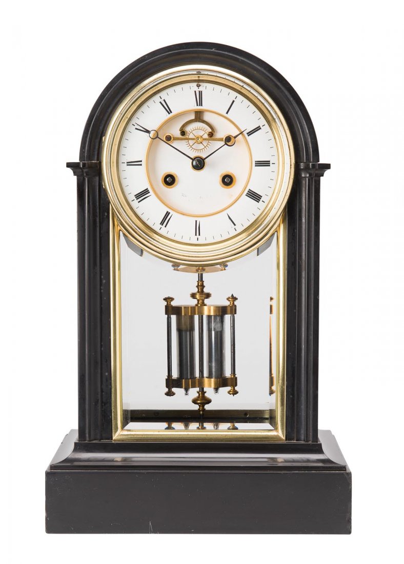 French mantle clock in black slate with mercury: French mantle clock in black slate with mercury pendulum & open face escapement, 19th Century. 38.5cm