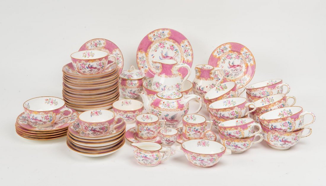 GEORGE LANSELL (Bendigo mining magnate) pink pheasant: GEORGE LANSELL (Bendigo mining magnate) pink pheasant teaware by Mintons retailed by Thomas Webb & Sons, Melbourne. (57 items)