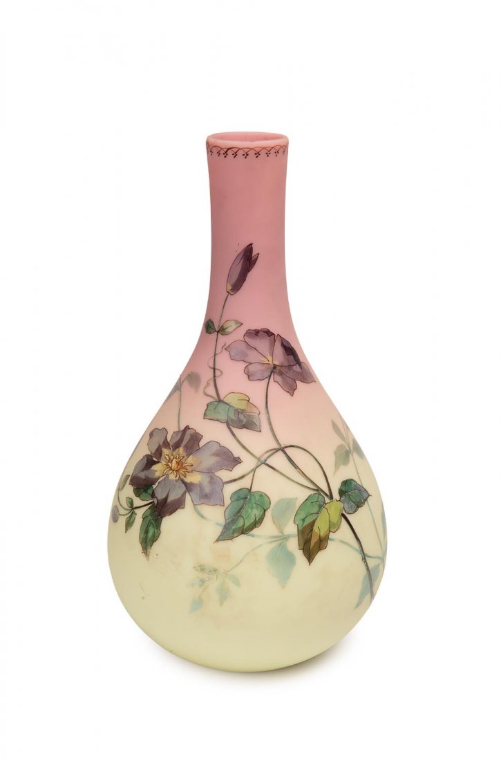 A floral decorated Queen's Burmese ware glass bottle va: A floral decorated Queen's Burmese ware glass bottle vase, by Thomas Webb & Sons, 19th Century 30cm high