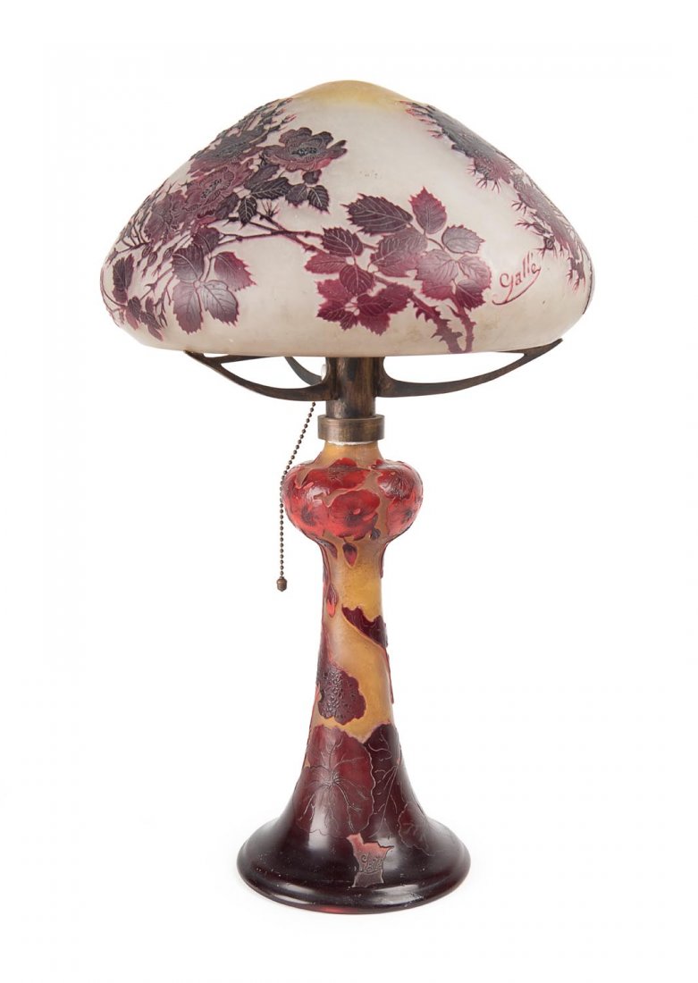 A French etched cameo glass lamp and shade by Emile