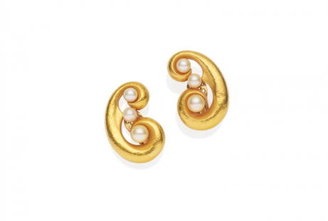 A pair of gold and pearl earclips, Ilias Lalaounis,: A pair of gold and pearl earclips, Ilias Lalaounis, hammered finish. 18ct yellow gold. Weight 30.55 grams. Length 3.3cm. Signed IL, Maker&#39;s mark, stamped Greece, 750, numbered A21. London import m