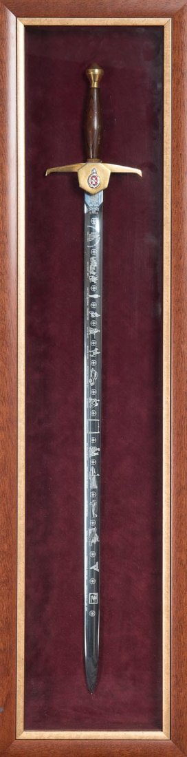 A Queensland Police commemorative "Bi-Centennial Sword: A Queensland Police commemorative "Bi-Centennial Sword of Honour" & "120 Years of Policing" sword. Both housed in impressive wall mount display frames. Largest frame 108 x 38cm